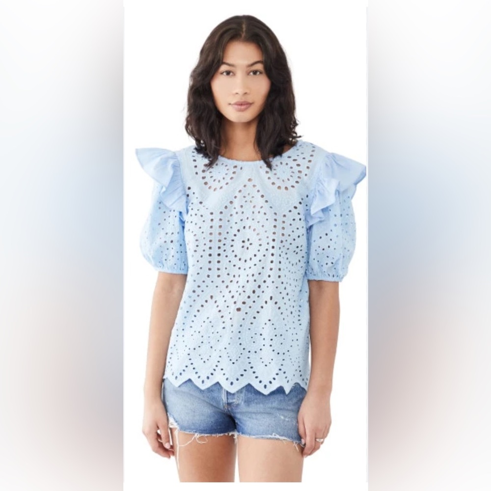 English Factory Baby Blue Ruffle Puff Sleeve Cotton Eyelet Top Size Large